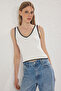 Ekru Crop V Yaka Renk Bloklu İnce Triko Bluz TWOSS25BZ00299 - 2
