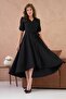 Flexible Crepe Fabric Double Breasted Collar Belt Detailed Wraped Flared Cut Midi Length Black Evening Dress 410 - 8