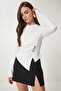 Buttoned Gathered Asymmetrical Cut Knitted Blouse Bone Lfw0001 - 3