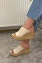 Women's Holi Cream Skin 10 cm Tolga Cork Sole Slippers K-920 - 3