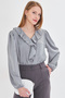 Women's Light Gray Frilly Collared Shoulder Gathered Sleeve Elastic Cotton Satin Blouse ARM-22K001059 - 4