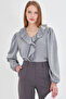 Women's Light Gray Frilly Collared Shoulder Gathered Sleeve Elastic Cotton Satin Blouse ARM-22K001059