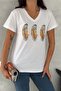 Women's White V-Neck 3 Feather Sequin Embroidered 100% Cotton T-Shirt - 2