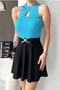 Turquoise Knitwear Fabric Stand Collar Drop Low-Cut Detail Collar Basic Blouse 0285 - 4