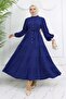 Stoned Buttoned Judge Collar Hijab Dress Navy Blue 2268
