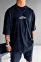 Men's Navy Blue Creatures Oversize Fit Loose Wide Fit Loose Cut T-Shirt - 2