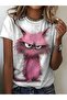 Cute and Comfortable White T-Shirt with Pink Cat Print, Perfect for Summer - 2