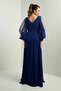 Front and back V-neck draped front, tulle-lined sleeves, wide-size range, long chiffon dress - 4