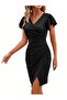 Women's Short Sleeve Flounce Double Breasted Collar Gathered Sides Imported Crepe Dress - 4
