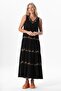 Sleeveless Şile Fabric Spring V-Neck Embroidered Long Summer Dress Black Syh