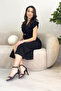 Women's Double Breasted Collar Pearl Detail Shirred Midi Dress Red, Black - 6