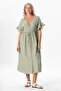 Short Sleeve Gathered Afra Midi Length Summer Muslin Dress Olive Green Zytnysl - 6
