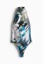 Abstract-patterned turtleneck swimsuit