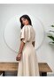 Belted Bat Sleeve Beige Midi Graduation Invitation Dress - 7