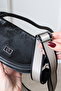 Women's Black Velvet and Leather Detailed Shoulder Bag - 6