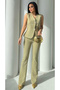 Women's Gold Buttoned Vest Trousers Suit Khaki - 3