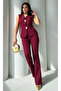 Women's Gold Buttoned Vest Trousers Set Burgundy - 3