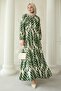 Colorful Leaf Patterned Viscose Khaki Dress