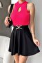 Women's Stretchy Knitwear Fabric Stand Collar Drop Low-Cut Design Fuchsia Blouse 0285