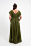 Women's Khaki V Neck Short Sleeve Plus Size Long Evening Dress - 5