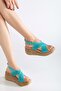 Women's Genuine Leather Cross-Strap Velcro Sandals - Turquoise