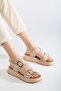 Women's Genuine Leather Buckle High-Sole Sandals - Beige