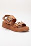 Women's Genuine Leather Buckle High Sole Sandals - Tan - 4