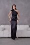 One-Shoulder Accessory Detail Maxi Length Satin Evening Dress - 3