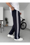 Navy Blue Striped Embroidered Pipe Leg Sweatpants Pm-153 - 3