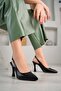 Laura Model Women's Black Pointed Toe Open Back Stiletto Heeled Shoes - 4