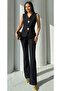 Women's Gold Buttoned Vest Trouser Suit Black - 3