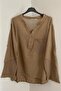 Women's Brown Pocket Sleeve and Back Mesh Detailed Foldable Sleeve Cotton Linen Blouse - 6