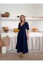 Women's Navy Blue V-Neck Elastic Waist Shirred Muslin Fabric Short Sleeve Dress - 6
