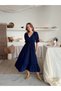 Women's Navy Blue V-Neck Elastic Waist Shirred Muslin Fabric Short Sleeve Dress - 5