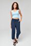 Women's Light Navy Blue Carrot Fit Ankle Length Linen Trousers - Cotton, Summer Monaha