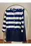 Women's Knitwear Cardigan Pleated Skirt Navy Blue Set Women's Short Striped Cardigan and Skirt Set - 3