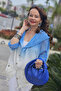 Women's Blue Hooded and Sleeves Mesh Button Closure Gradient Loose Blouse Tunic Cardigan - 4