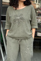 Women's Khaki Round Neck Appliquéd Sequined Daisy Patterned 3/4 Sleeve Oversized Loose Linen Blouse