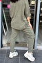 Women's Khaki Elastic Waist Lace-Up Appliqué Star / Daisy Patterned Carrot Linen Trousers with Side Pockets - 4