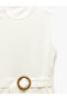 Lined Cotton Crew Neck Sleeveless Belted Flared Midi Dress - 5