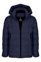Men's Navy Blue Water and Windproof Fixed Hooded Fluffy Collar Thick Fur Inside Puffer Coat&Coat
