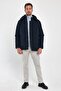 Men's Navy Blue Standard Fit Normal Cut Hooded Stand-Up Collar Coat - 4