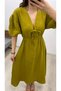 Women's Collar Piping Tie V-Neck Elastic Waist Sleeve Mouth Elastic Balloon Sleeve Long Dress - 4
