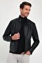 Men's Black Basic Leather Iron Zipper Detailed Fur Lined Jacket & Coat - 4