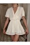 Women's V Neck Short Sleeve Beige Belted Mini Dress - 2