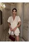 Women's V Neck Short Sleeve Beige Belted Mini Dress