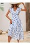 Women Short Sleeve Double Breasted Collar Elastic Waist Flower Print Dress - 3