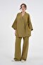 Women's Oil Green Sleeves Sequin Sequin Embroidered Linen Kimono Jacket and Pants Bottom/Top Set 21061 - 3