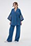 Women's Indigo Sleeves Sequin Sequins Embroidered Linen Kimono Jacket and Pants Bottom/Top Set 21061 - 4