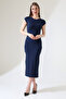 Low Sleeve Closed Crew Neck Basic Women Long Casual Dress 21898 Navy Blue